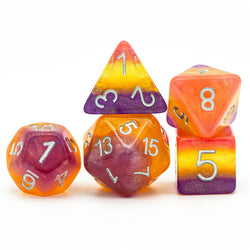 Orange Yellow Purple Glitter Layer 7-Dice Set w/Silver Numbers (Online Only)