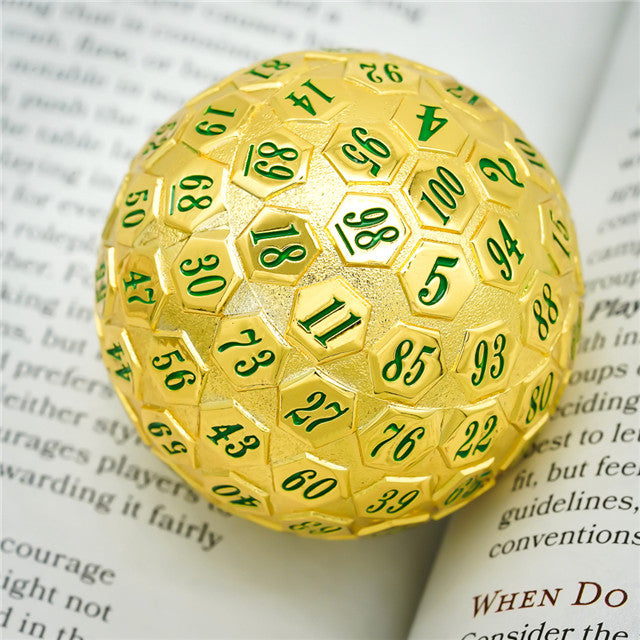 Golden Metal d100 w/ Green Numbers Dungeons and Dragons RPG (Online Only)