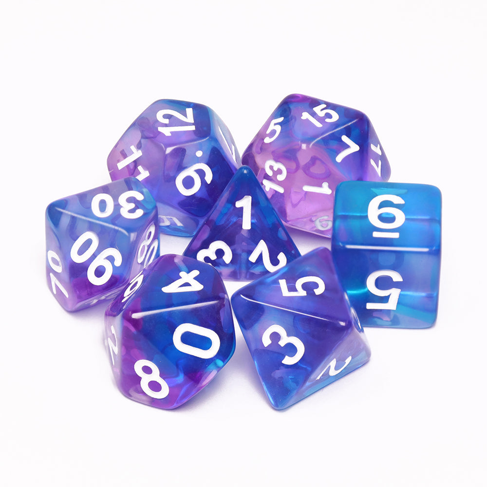 Crystal Dream 7-Dice Set Purple/Blue w/White Numbers Stained Glass Dnd Dice Set (Online Only)
