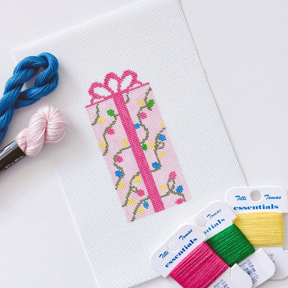 Cotswold Co Designs - Pink Present Christmas Needlepoint Canvas 18 Mesh 2.5”x5” Design, Bow Christmas Needlepoint Ornament, Modern Needlepoint (ONLINE ORDER ONLY)