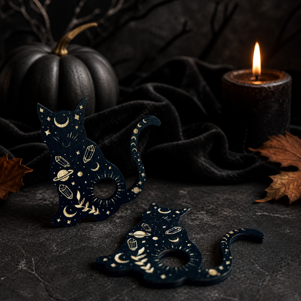 Black Cat Mini Crystal Sphere Stand, Witchy Crystal Holder, Mystical Cat Decor, Crystal Display Stand