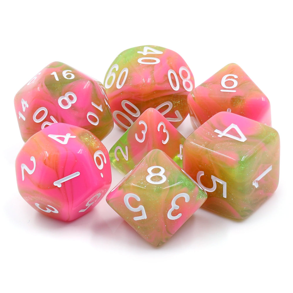 Apple Taffy Lime Green/Pink Glitter/Swirl  7-Dice Set by HendgaDice (Online Only)
