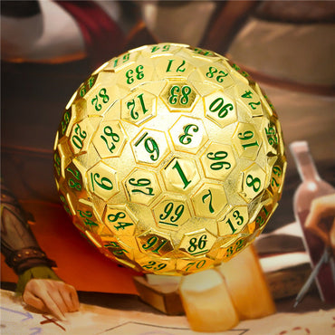 Golden Metal d100 w/ Green Numbers Dungeons and Dragons RPG (Online Only)