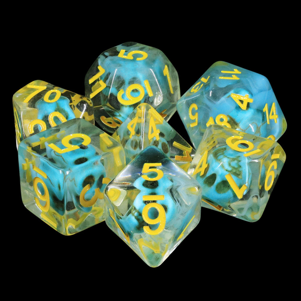 Turquoise Treasure Skull Dice Blue/Yellow Halloween Resin 7-Dice (Online Only)