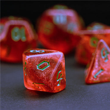 Strawberry Red Glitter Party Glitter Dice (Green font) 7-Dice Set RPG DND (Online Only)