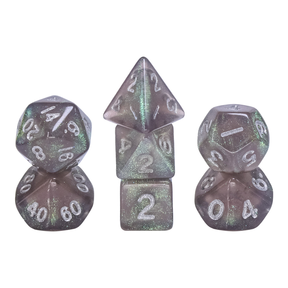 Grey Iridescent 7-Dice Mini-Dice RPG Set w/Silver Numbers Miniature Dice (Online Only)