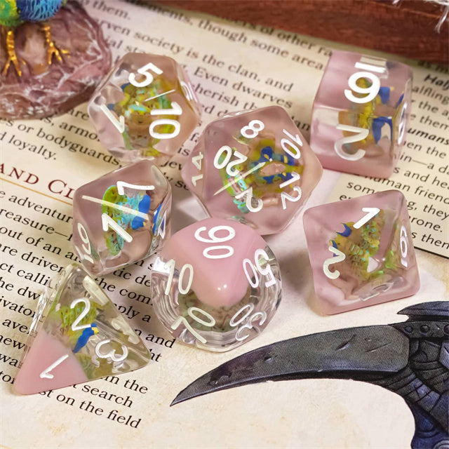 Peacock + Pink 7-Dice Set w/White Numbers Dnd Dice Set (Online Only)