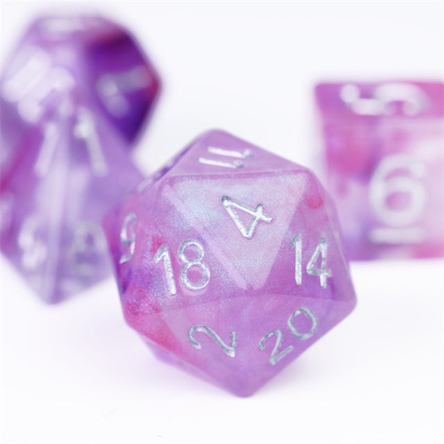 Resin Galaxy Purple 7-Dice Dnd Dice | Glitter w/Silver Numbers Set (Online Only)