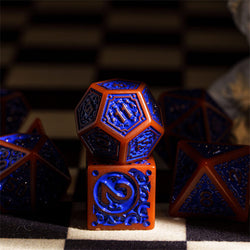Burnt Orange with Blue Irregular Pattern Fill: 7-Piece Acrylic Dice Set (Online Only)