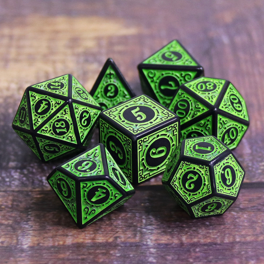 Green Magic Flame 7-Dice Set DND RPG Dice Black w/Color Fill (Online Only)