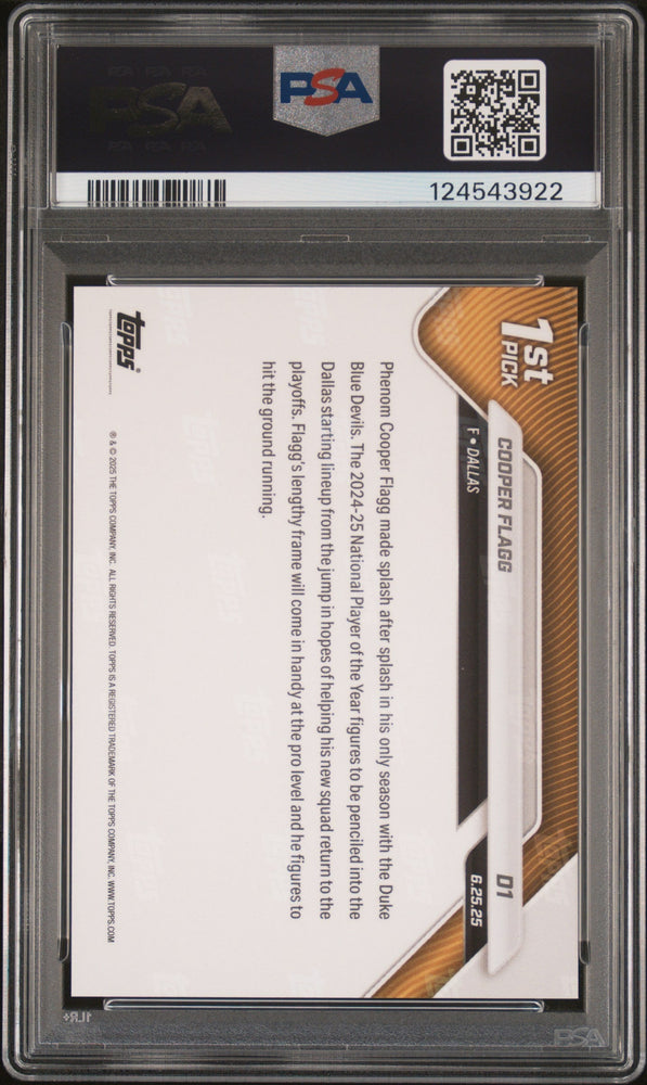 Graded 2025 Topps Now Cooper Flagg #D1 Draft Rookie RC Basketball Card PSA 10 Gem Mint (ONLINE ORDER ONLY)