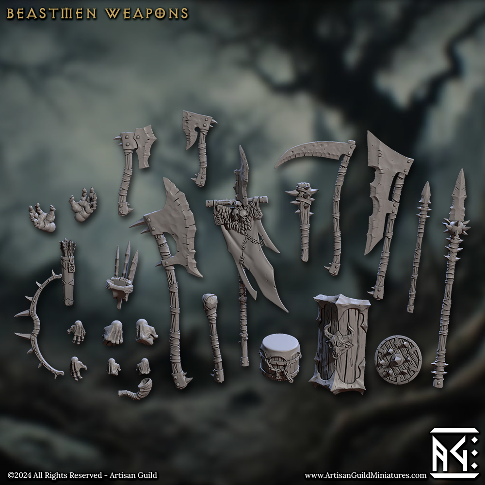 3D Printed Artisan Guild Beastmen Standalone Weapons Hands Rise of the Beastmen Set 28mm 32mm (Online Only)