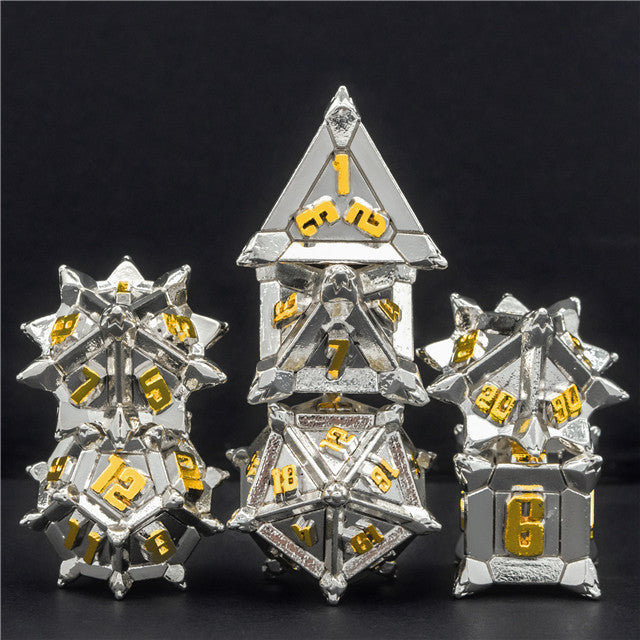 White w/Gold Pinwheel Strengthened Metal 7-Dice Set | Metal DND Dice (Online Only)