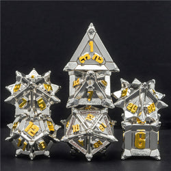 White w/Gold Pinwheel Strengthened Metal 7-Dice Set | Metal DND Dice (Online Only)