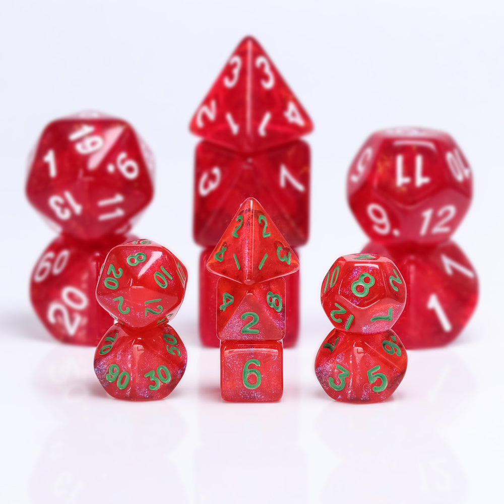 Glitter Red 7-Dice Mini-Dice RPG Set w/Green Numbers Miniature Dice (Online Only)