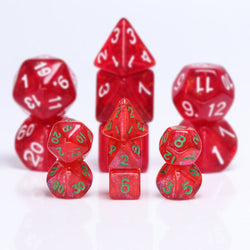 Glitter Red 7-Dice Mini-Dice RPG Set w/Green Numbers Miniature Dice (Online Only)