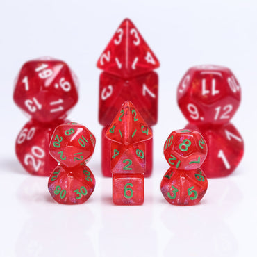 Glitter Red 7-Dice Mini-Dice RPG Set w/Green Numbers Miniature Dice (Online Only)