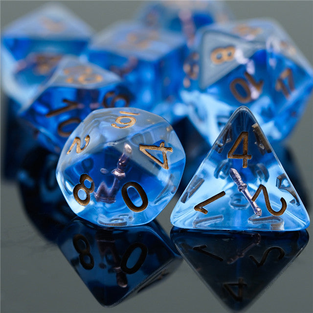 Wizard (Magic Wand) Clear Blue Dice w/ Golden Wand 7-Dice Set Rpg (Online Only)
