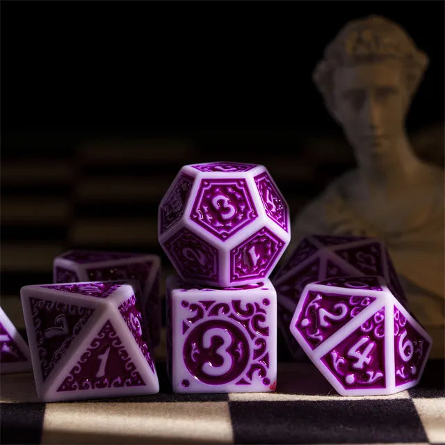 White with Purple rregular Pattern Fill: 7-Piece Acrylic Dice Set (Online Only)