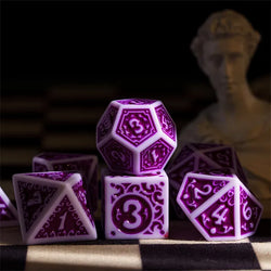 White with Purple rregular Pattern Fill: 7-Piece Acrylic Dice Set (Online Only)