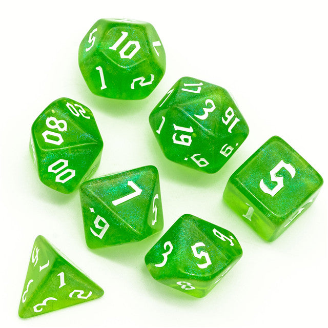 Deep Green Glitter Party Dice (White font) 7-Dice Set RPG DND (Online Only)