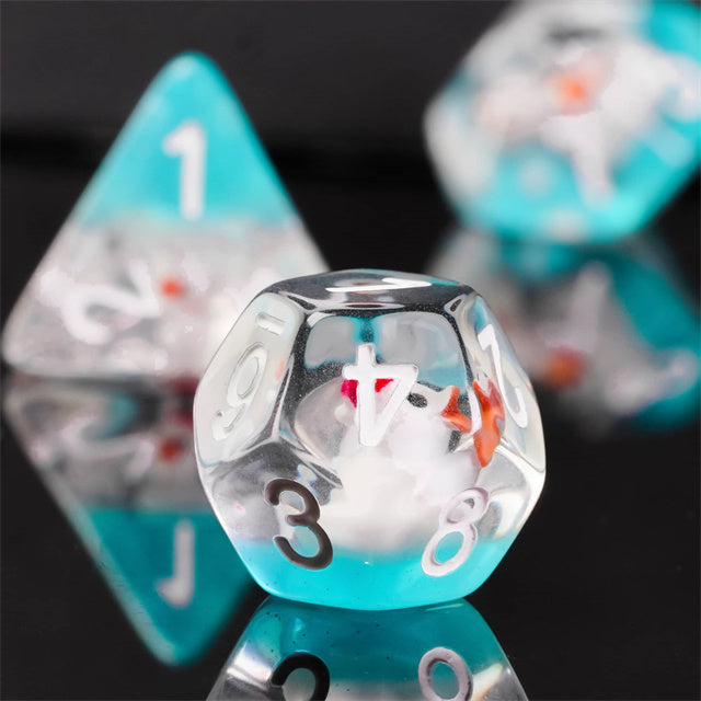 White Duck Red Hat on Blue 7-Dice Set w/White Numbers Dnd Dice Set (Online Only)