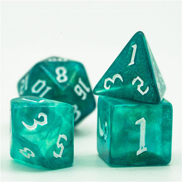 Blue-Green Glitter Party Dice (White font) 7-Dice Set RPG DND (Online Only)