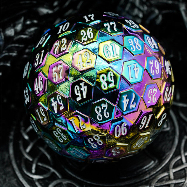 Rainbow Metal Single 100 Sided Polyhedral Dice (D100) | w/ White Color (45mm) (Online Only)