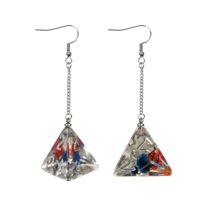 Red/Blue Dice Earrings: D4 Dice w/Colorful Inclusion Nerdy RPG Jewelry (Online Only)
