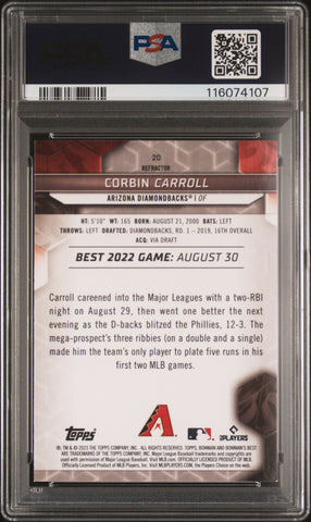 Graded 2023 Topps Bowmans Best Corbin Carroll #20 Refractor Rookie RC Baseball Card PSA 10 Gem Mint (ONLINE ORDER ONLY)