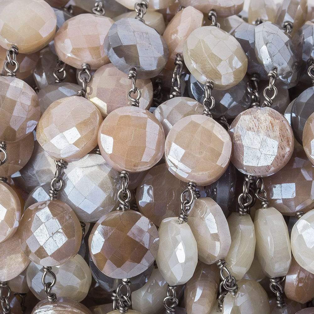 10-11mm Silver Mystic Multi Moonstone faceted coin Black Gold .925 Silver Chain by the foot 20 beads (ONLINE ORDER ONLY)