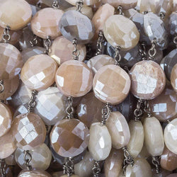 10-11mm Silver Mystic Multi Moonstone faceted coin Black Gold .925 Silver Chain by the foot 20 beads (ONLINE ORDER ONLY)