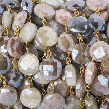 10-11mm Silver Mystic Multi Moonstone faceted coin Vermeil Chain by the foot 20 beads (ONLINE ORDER ONLY)