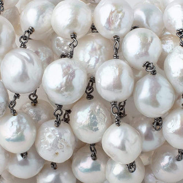 10-13mm White Ultra Baroque Pearls on Black Gold .925 Chain by the foot 17 pcs (ONLINE ORDER ONLY)