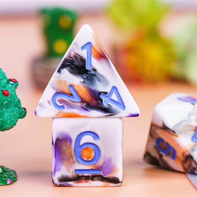 Spooky 4-Color 7-Dice Dnd Dice | White Orange Purple w/Purple Numbers Set (Online Only)