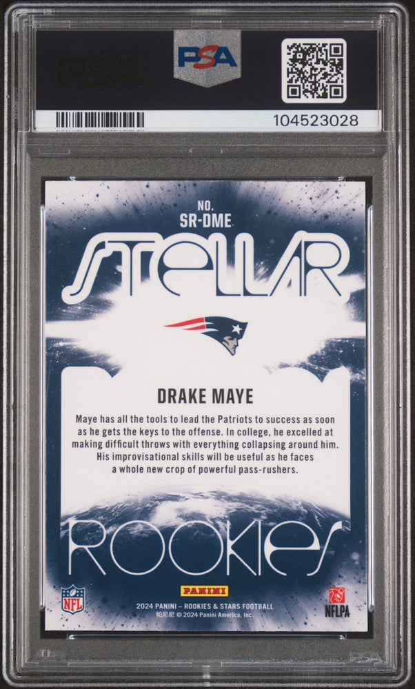 Graded 2024 Panini Rookies & Stars Drake Maye #SRDME Stellar Rookies Rookie RC Football Card PSA 10 Gem Mint (ONLINE ORDER ONLY)