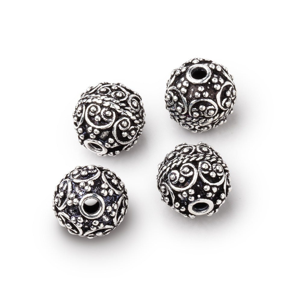 10mm Antiqued Silver Plated Copper Bali Design Round Set of 4 Beads (ONLINE ORDER ONLY)
