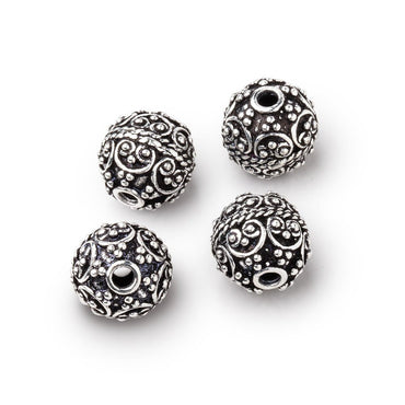 10mm Antiqued Silver Plated Copper Bali Design Round Set of 4 Beads (ONLINE ORDER ONLY)