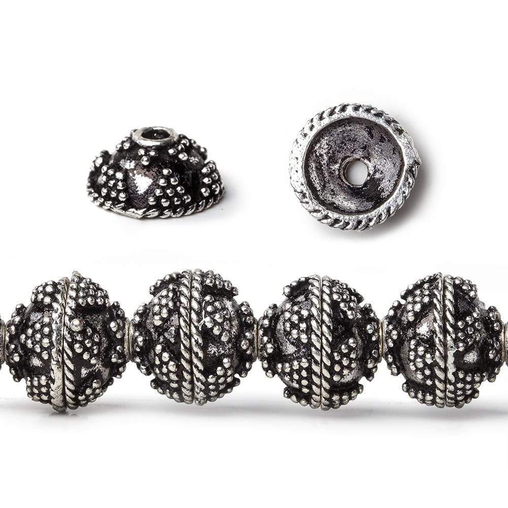 10mm Antiqued Sterling Silver Plated Copper Bead Cap Roval Miligrain Triangle 8 inch 44 beads (ONLINE ORDER ONLY)