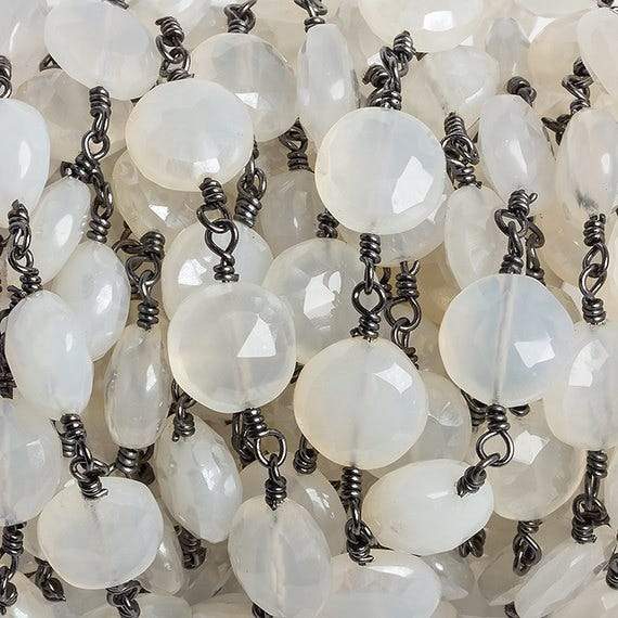 10mm Grey Chalcedony faceted coin Black Gold Chain by the foot 18 beads (ONLINE ORDER ONLY)