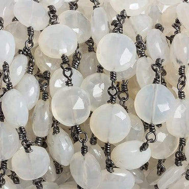 10mm Grey Chalcedony faceted coin Black Gold Chain by the foot 18 beads (ONLINE ORDER ONLY)