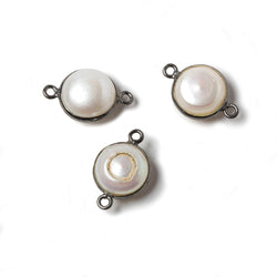 10mm Off White Button Pearl Black Gold Bezeled Connector 1 piece (ONLINE ORDER ONLY)