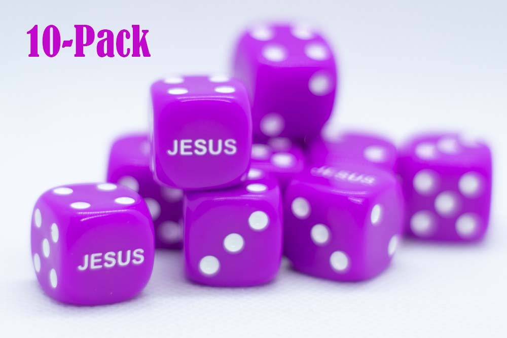 10-Pack Purple 16mm d6 Dice Featuring 'JESUS' on the 6 side (Online Only)