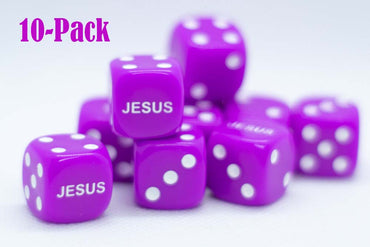 10-Pack Purple 16mm d6 Dice Featuring 'JESUS' on the 6 side (Online Only)
