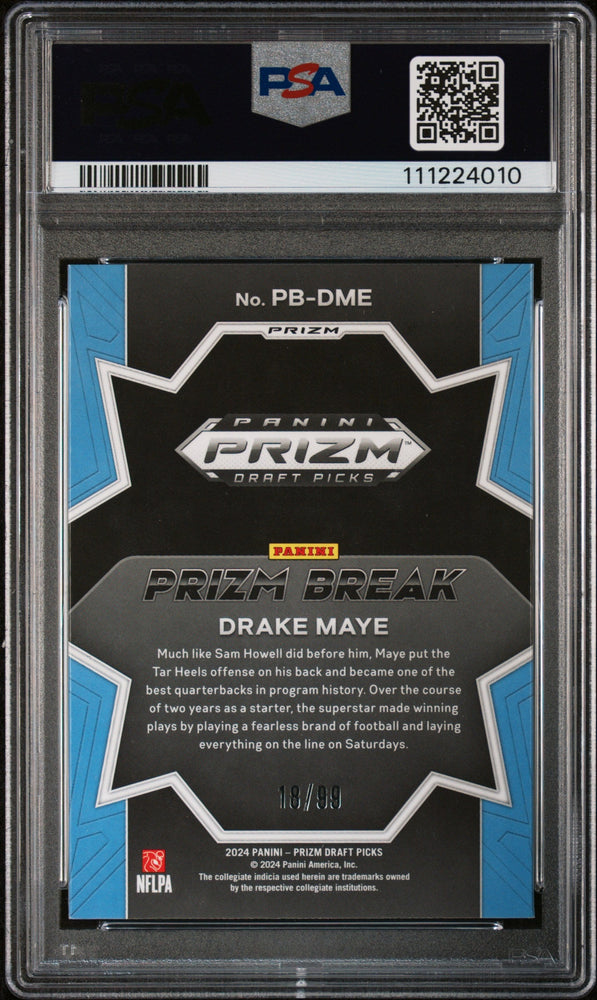 Graded 2024 Panini Prizm Draft Picks Drake Maye #PBDME Prizm Break Blue Ice /99 Rookie RC Football Card PSA 10 Gem Mint