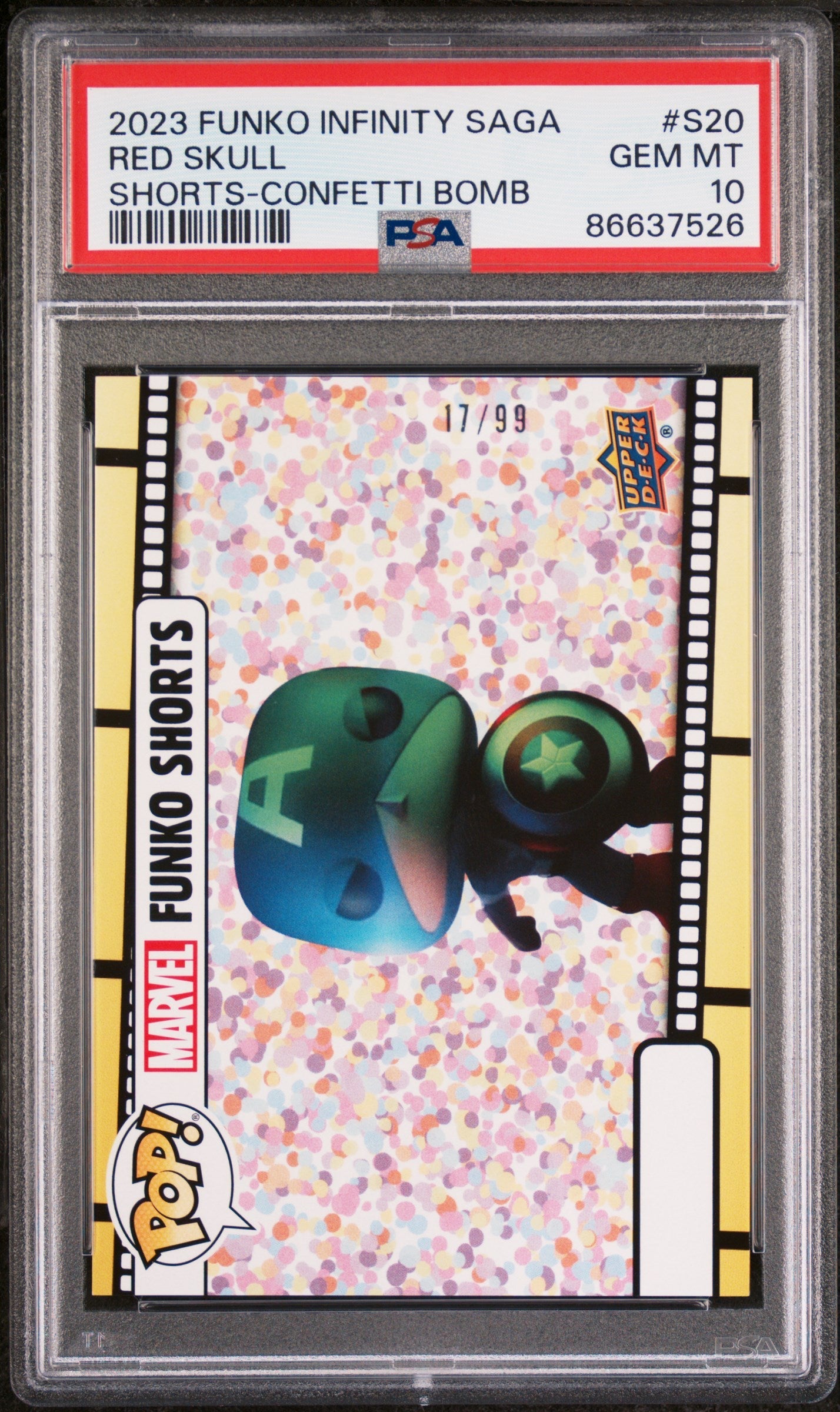 2023 UPPER DECK FUNKO POP MARVEL  SHORTS RED SKULL SHORTSCONFETTI BOMB #S20  PSA 10 (Online Order Only)