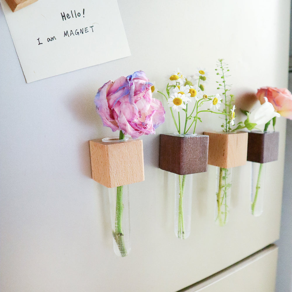 Mini Vase Magnets – Set of 2 – Beech & Walnut Wood – Decorative Fridge Magnets for Small Flowers or Greenery (ONLINE ORDER ONLY)