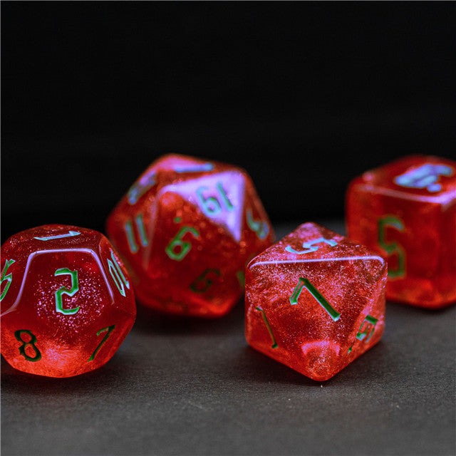 Strawberry Red Glitter Party Glitter Dice (Green font) 7-Dice Set RPG DND (Online Only)