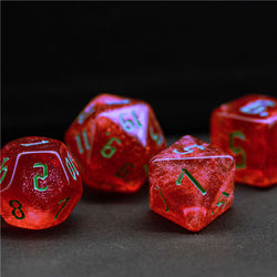 Strawberry Red Glitter Party Glitter Dice (Green font) 7-Dice Set RPG DND (Online Only)