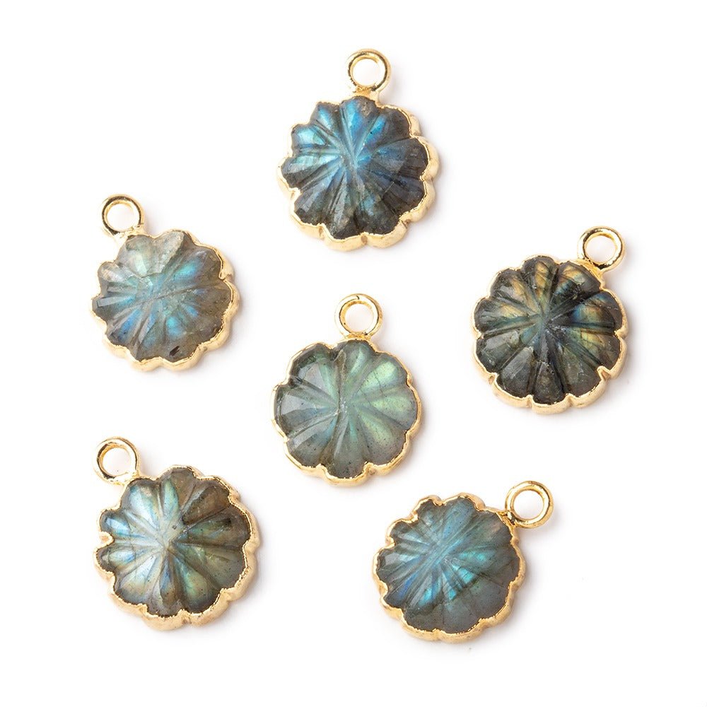 11mm Gold Leafed Labradorite Carved Floral Coin Focal Pendant 1 piece (ONLINE ORDER ONLY)